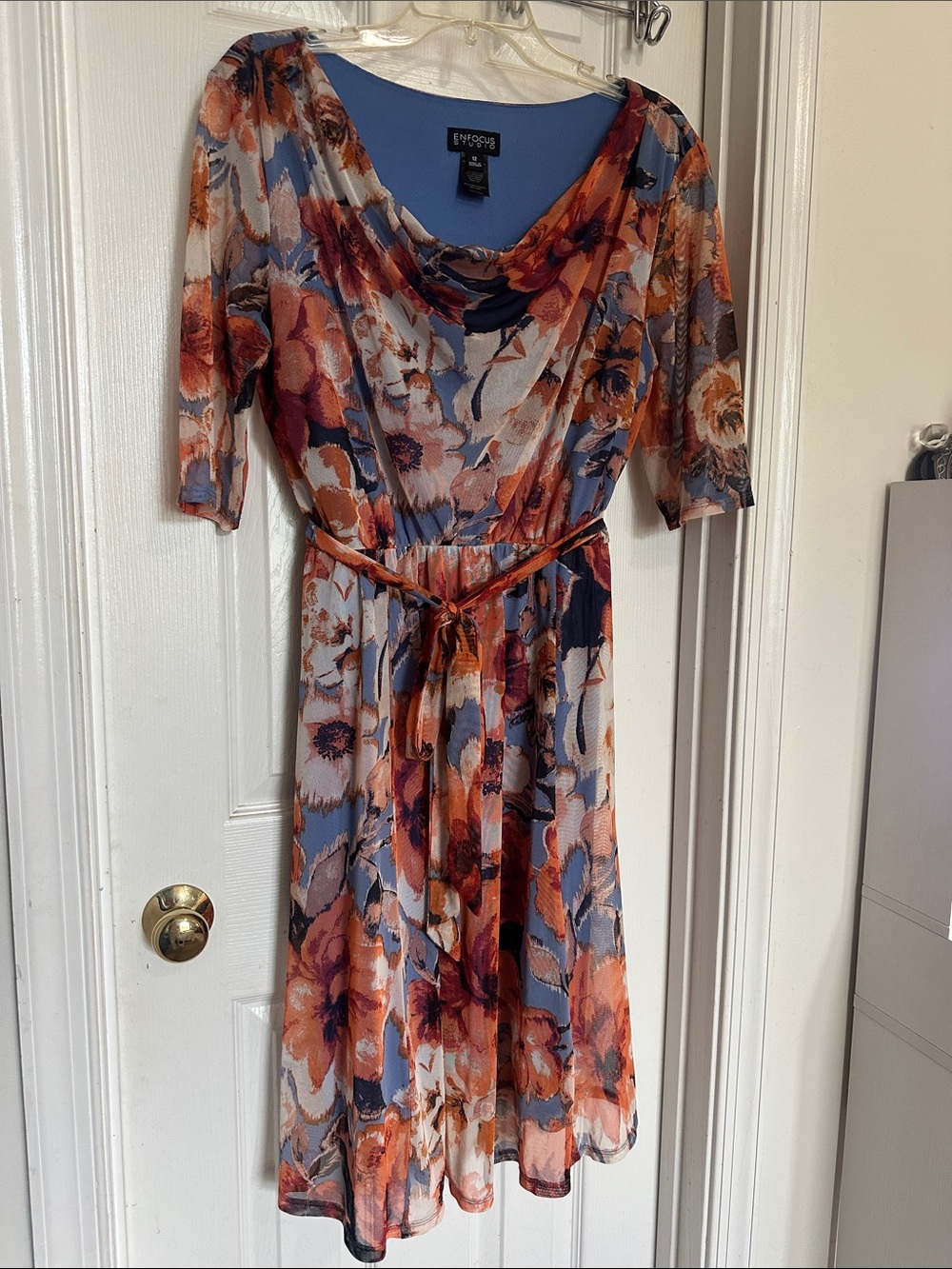 Enfocus Studio Blue and Orange Floral Cowl-Neck Midi Dress